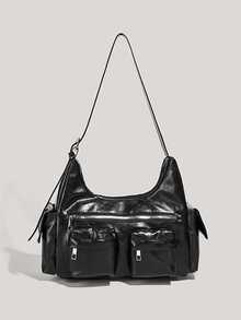 Y2K Style Retro Fashion PU Leather Multi-Pocket Shoulder Hobo Bag, Perfect For Commuting And Daily Outfits - Black - View 1