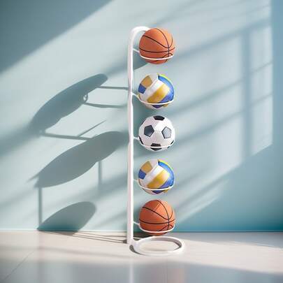 可折叠运动球类收纳架，室内球类支架，适用于篮球、足球、儿童运动器材及配件，紧凑可折叠，适合家庭健身房，可壁挂或落地安装。采用耐用轻便的钢架，节省空间，多功能装备收纳架，适用于家庭、宿舍、游戏室，是热爱运动的家庭和爱好者的理想礼物。组装简便，支撑稳固，让团队和家庭运动装备整齐有序、触手可及，随时准备进行训练或日常游戏。