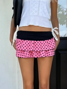 Layered Ruffle Mini Skirt For Women Summer Y2K Dots/Stripe/Heart Print/Solid Color Low Rise A-Line Tiered Short Skirts Party Club Beach Boho Skater Skirts - Hồng và đen - Xem 5