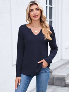 Damska koszulka z długim rękawem i dekoltem w serek, casualowa, modna odzież do pracy na jesień/zimę - Granatowy - Zobacz 4