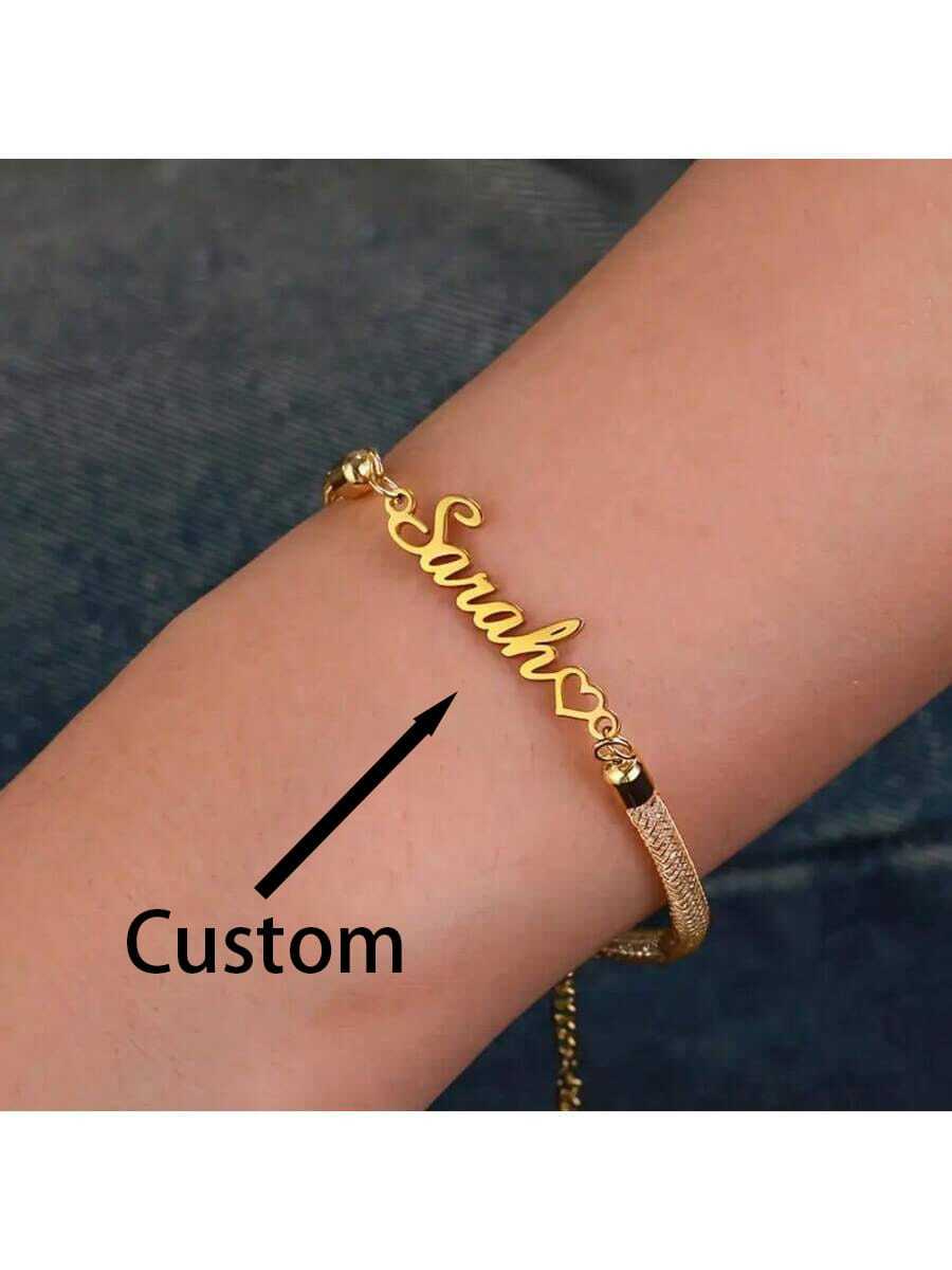 Customized Stainless Steel Name & Heart Charm Adjustable Mesh Bracelet, Handmade Cubic Zirconia, Best Gift For Christmas, Valentine's Day, Mother's Day, Easter, Casual, Elegant, Preppy, Boho, Cute, Stylish, Y2K - Multicolor - View 1