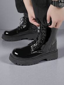 Fashionable Glossy High-Top Men's Ankle Boots, Thick Sole, Anti-Slip, Retro Workwear Boots, Round Toe, Suitable For Outdoor In Winter