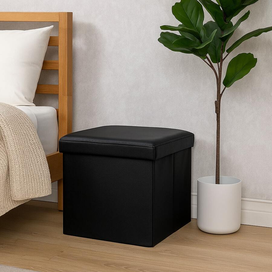 Baúl Plegable Multifuncional con Tapa Acolchada, Banco Organizador para Hogar con Almacenamiento Interno - Negro Vinipiel - Ver 1