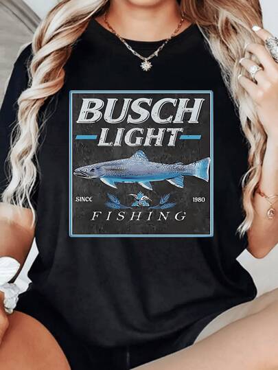 Busch Light Fishing 1pcs Women's 100% Cotton Tee Vintage Casual Style Digital Print T-Shirt 220g Short Sleeve Graphic Tee For Ladies