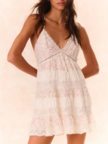 Women Y2K Mini Cami Dress Backless Low Cut A Line Short Bustier Dress Floral Ruffle Sleeveless Sundress Beachwear - 粉色 - 查看 2