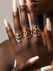 6 件不锈钢 18K 镀金双色艺术金色个性化戒指，派对礼物，时尚风格，女士珠宝，金戒指，优雅戒指，精美礼物，色块设计，女士金戒指，几何设计，不对称戒指，独特设计戒指 - 幾何設計 - 查看 16