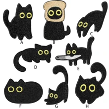 1 pieza/8 piezas Parches de planchar de gato negro con diseños divertidos de memes, animales de dibujos animados lindos con cuchillo y pan, para coser, reparar, bordar, aplicar, estética, gatito, manualidades DIY, accesorios, regalos para amantes de las mascotas, ropa, mochila, sombrero (Brindándote efectos visuales inesperados)