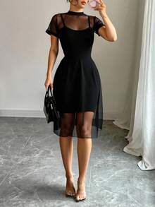 Conjunto de 2 vestidos   Colorblock    Elegante    Tela    Espalda al aire  Transparente  Gasa    Boda - Negro - Ver 1