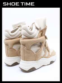Women's Hidden Wedge High-Top Sneakers With Straps – Bold Chunky Streetwear Style - Beige - View 4