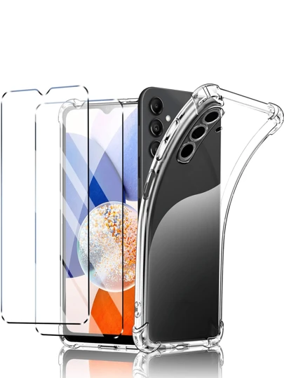 三合一保护壳套装，兼容三星手机，包含手机壳和屏幕保护膜（2片），支持指纹解锁，防刮高清钢化玻璃屏幕保护膜，透明防震手机壳，柔韧TPU硅胶套 - 透明防水防摔