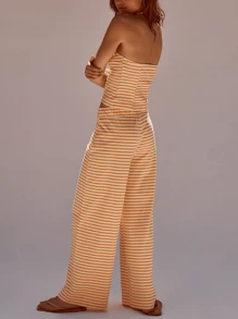 Womens Y2K Striped Two Pieces Outfits Strapless Crop Tube Top Off The Shoulder Bandeau Tops And Striped Wide Leg Pants Sets Summer Beach Vacation Casual Lounge Set