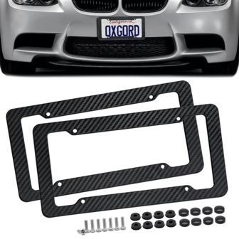 2 件黑色碳纤维牌照架，适用于美国/加拿大/墨西哥，光面防水塑料牌照架，印有碳纤维图案，男女皆宜（带螺丝和盖子），男士黑色汽车配件