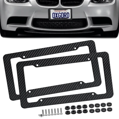 2 件黑色碳纤维牌照架，适用于美国/加拿大/墨西哥，光面防水塑料牌照架，印有碳纤维图案，男女皆宜（带螺丝和盖子），男士黑色汽车配件