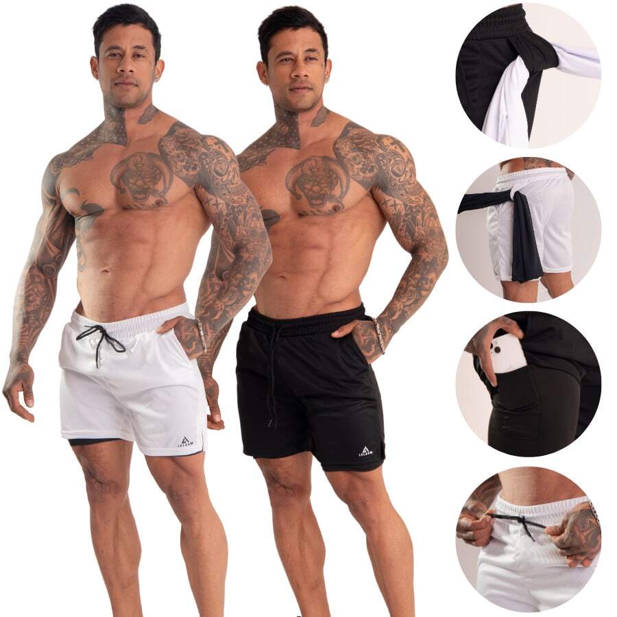 Men's 2-In-1 Double Shorts Kit With Internal Pocket For Running, Training And Gym – Thermal Compression - 1-Đen 1-Trắng - Xem 1