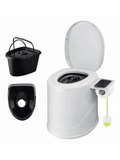 Baño Portatil Inodoro Para Camping Y Hogar Con Dos Barriles, 1 pieza Inodoro portátil para camping con tapa de apertura automática y soporte incorporado para toallas de papel - Liviano, sin necesidad de electricidad para uso al aire libre, autocaravana, viajes, personas mayores, mujeres embarazadas, discapacitados - Blanco, inodoro portátil para camping, artículos esenciales de baño de viaje, solución de baño compacta, superficie fácil de limpiar