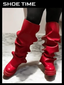 Women Mid Calf Slouchy Boot Fashion Detachable Shoes - Red - View 3