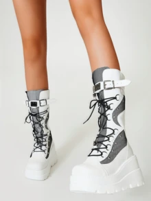 Stylish Punk Goth Women Boots Rivets Motorcycles Fight Lace-Up Platform Wedge Chunky Heel Shoes Women Luxury Nightclub Boots - 白色 - 查看 2
