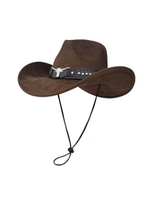 1pc Unisex Faux Suede Cowboy Hat With Leather Decoration, New Vintage Cyberpunk Bohemian Style Adjustable Wide Brim Hat, Fashionable Street Style, Gift For Men, Suitable For Parties, Western Themed Events, Gatherings, Cosplay, Graduation, Masquerade, Festivals, Birthdays, Music Festivals, Hiking