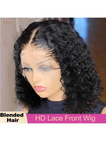 8-34 英寸假发，人发混纺，黑色，人发混纺，13*6，13*4，4*4，5*5，Jerry 卷发前蕾丝假发，200% 密度，高清蕾丝前假发，人发混纺，预拔短发，女士假发，自然黑色卷发