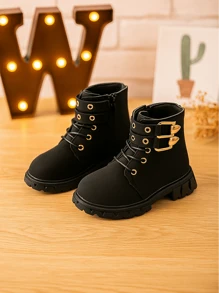 1 双靴子，橡胶软底，增高，舒适内衬，金色双扣装饰，易穿脱系带拉链设计，柔软 PU 圆头，适合 3-15 岁男孩和女孩，户外徒步露营，2025 年秋冬新款