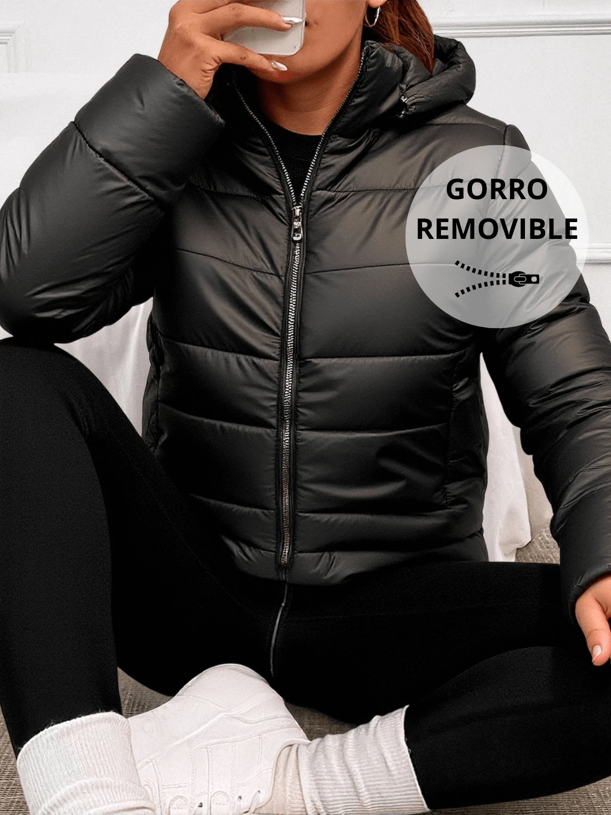 Chamarra Capitonada Mujer Forro Peluche Fino Con Capucha - Negro - Ver 1
