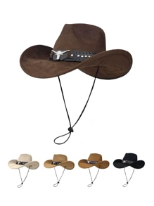 1pc Unisex Faux Suede Cowboy Hat With Leather Decoration, New Vintage Cyberpunk Bohemian Style Adjustable Wide Brim Hat, Fashionable Street Style, Gift For Men, Suitable For Parties, Western Themed Events, Gatherings, Cosplay, Graduation, Masquerade, Festivals, Birthdays, Music Festivals, Hiking