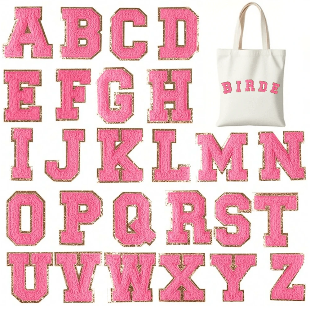 Letras parche autoadhesivas en color rosa pálido, 26 letras A-Z, parches con forma de animal, parches adhesivos o para coser, decoración para chaquetas vaqueras, mochilas