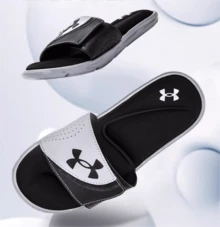 Under Armour 男子外穿籃球涼拖居家室內一字拖運動沙灘鞋 - 黑色/灰色 - 查看 4