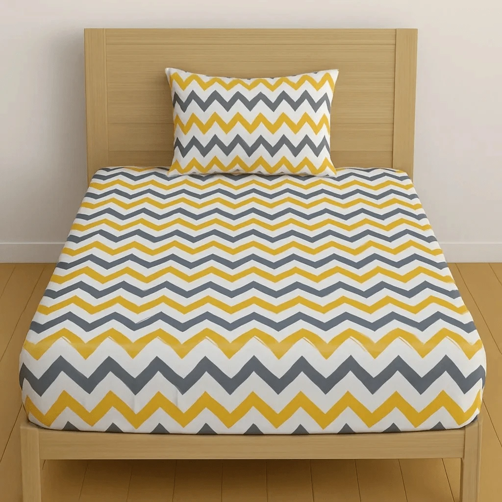 Made In Turkey - Single Size Patterned Fitted Sheet ( 1pc ) Set Turkish Cotton - 100x200 Cm + ( 1 Pc ) Pillowcase 50x70 Cm | Soft & Durable Bedding - Yellow - View 1