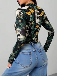 Blusa manga larga craneo calavera rosas luna dia de brujas dia de muertos disfraz calaveras calaca fantasma flor - Verde Lima - Ver 2