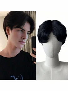 One Piece Black Short Middle-Part Wig For Men Synthetic Short Wigs Men Wig