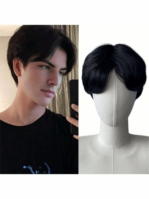 One Piece Black Short Middle-Part Wig For Men Synthetic Short Wigs Men Wig