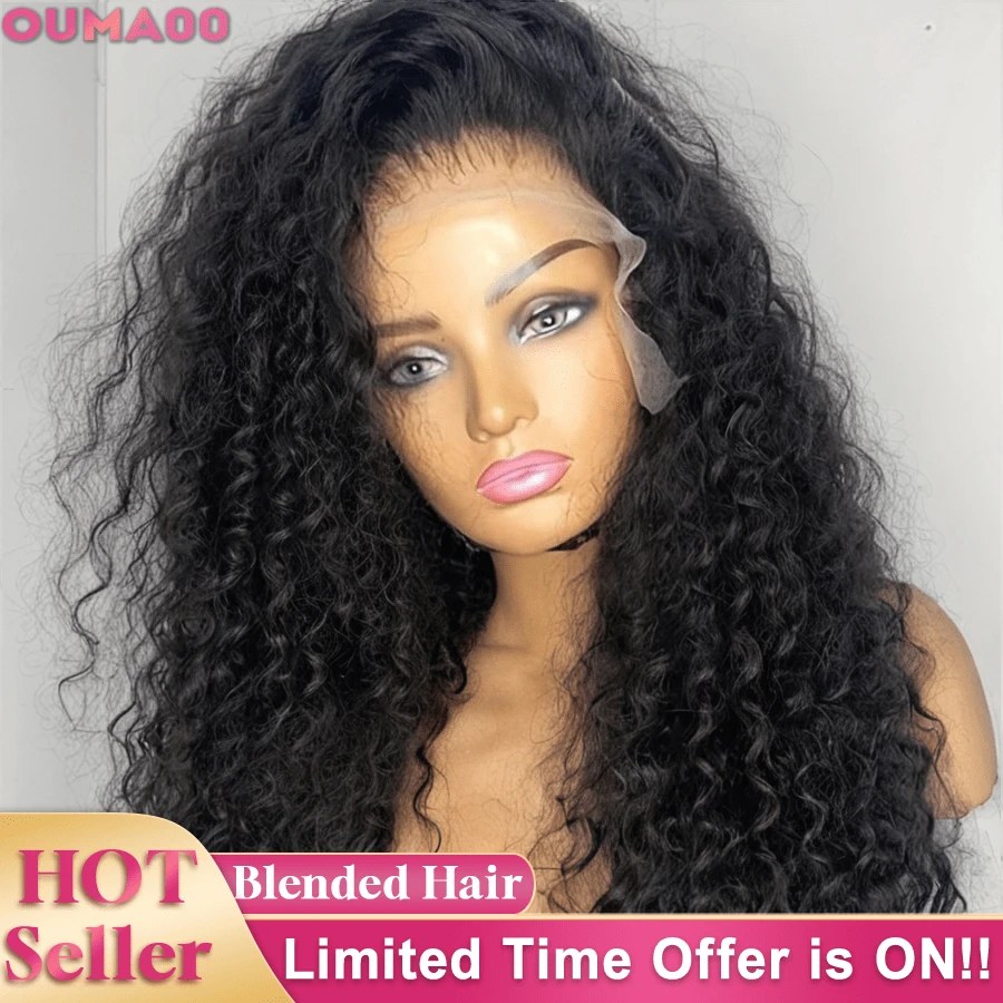 32Inch 13x4 Jerry Curly Lace Front Wigs Human Blended Hair Wig HD Lace Front Human Blend Hair Pre-Plucked 200% Density Glueless Wigs Brazilian Virgin Hair For Women Natural Color Match All Skin Tones