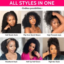 18Inch Half Wigs Human Hair Afro Kinky Curly Headband Wig Upgrade 3 IN 1 Half Wig With Drawstring Seamless Clip Ins Flip Over Wig - Natural Black - 查看 10