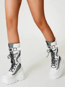 Stylish Punk Goth Women Boots Rivets Motorcycles Fight Lace-Up Platform Wedge Chunky Heel Shoes Women Luxury Nightclub Boots - 白色 - 查看 4