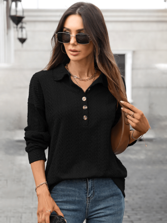 女士 Polo 纽扣 V 领优雅时尚办公室通勤长袖休闲 T 恤，秋冬