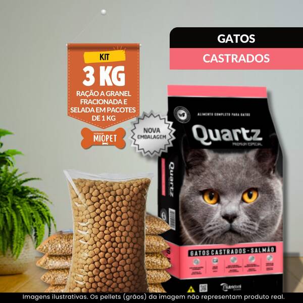 Kit 3 KG Ração Quartz Gatos Castrados a Granel – Sabor Salmão | 35% Proteína | Embalagem Selada por Quilo