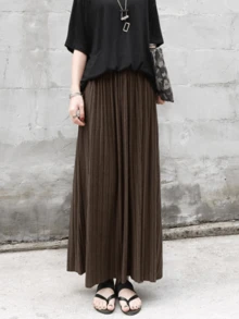 Primavera y otoño de la falda plisada de la moda de las mujeres más tamaño de cintura alta falda de medio cuerpo sub gran swing A-line falda de longitud media - Café integral - Ver 3