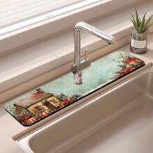 1pc/90pcs Winter, Houses In The Snow, Holly Leaves And Candy Canes Printed Faucet, Water-Absorbing Drying Mat, Retro Coffee Water-Absorbing Quick-Drying Mat, Rubber-Based Toilet And Kitchen Countertop Faucet Water-Absorbing Drying Mat, Suitable For Faucets Used In Offices, Commercial Farms And Homes, Decorative Store Kitchen Decorations
