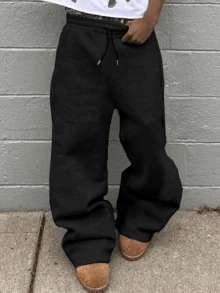 Solid Color Straight Leg Sweatpants, Loose Fit, Unisex, Casual Street Style, Comfortable, Suitable For All Seasons - Black - View 1