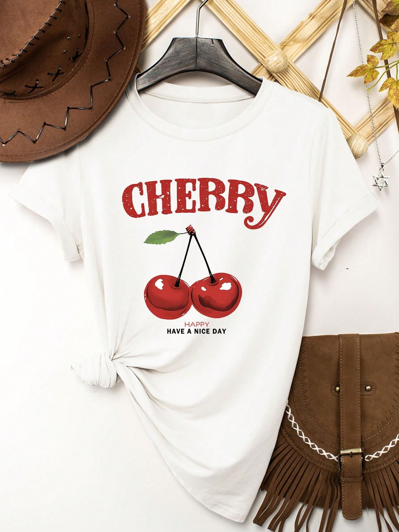 Camiseta de mujer de manga corta con cuello redondo, estampado de cerezas, color blanco, talla grande, adecuada para primavera y verano - Blanco - Ver 1