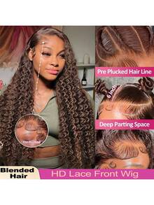 200 Density Deep Wave Lace Front Wigs Human Blended Hair 13*4 13*6 4*4 5*5 200% Density 34 Inch #4 Curly Human Blended Hair Wig For Women Brown Color HD Transparent Lace Glueless Frontal Wigs Pre Plucked With Baby Hair - Brown - View 2