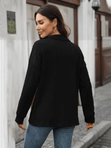 Damska koszulka polo z guzikami i dekoltem w serek, elegancka i modna, do pracy w biurze, z długim rękawem, na co dzień, jesień/zima - Czarne - Zobacz 4
