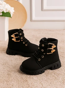 1 双靴子，橡胶软底，增高，舒适内衬，金色双扣装饰，易穿脱系带拉链设计，柔软 PU 圆头，适合 3-15 岁男孩和女孩，户外徒步露营，2025 年秋冬新款