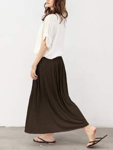 Primavera y otoño de la falda plisada de la moda de las mujeres más tamaño de cintura alta falda de medio cuerpo sub gran swing A-line falda de longitud media - Café integral - Ver 5