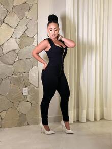 Women's Black Jeans Jumpsuit Long Skinny With Lycra Front Zipper Fashion - 黑色 - 查看 3