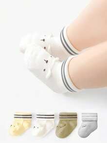 4 双婴儿可爱耳朵设计袜子，条纹透气袜子，适合婴儿男孩和女孩 - 彩色 - 查看 10