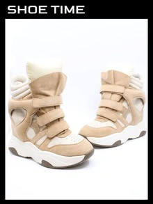 Women's Hidden Wedge High-Top Sneakers With Straps – Bold Chunky Streetwear Style - Beige - View 3