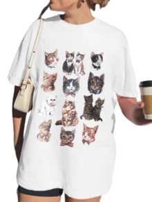 1pcs Cat With Bowtie Graphic Print T Shirt 220g Vintage Inspired Women's Casual 100% Cotton Round Neck Tee Relaxed Fit - White - View 1