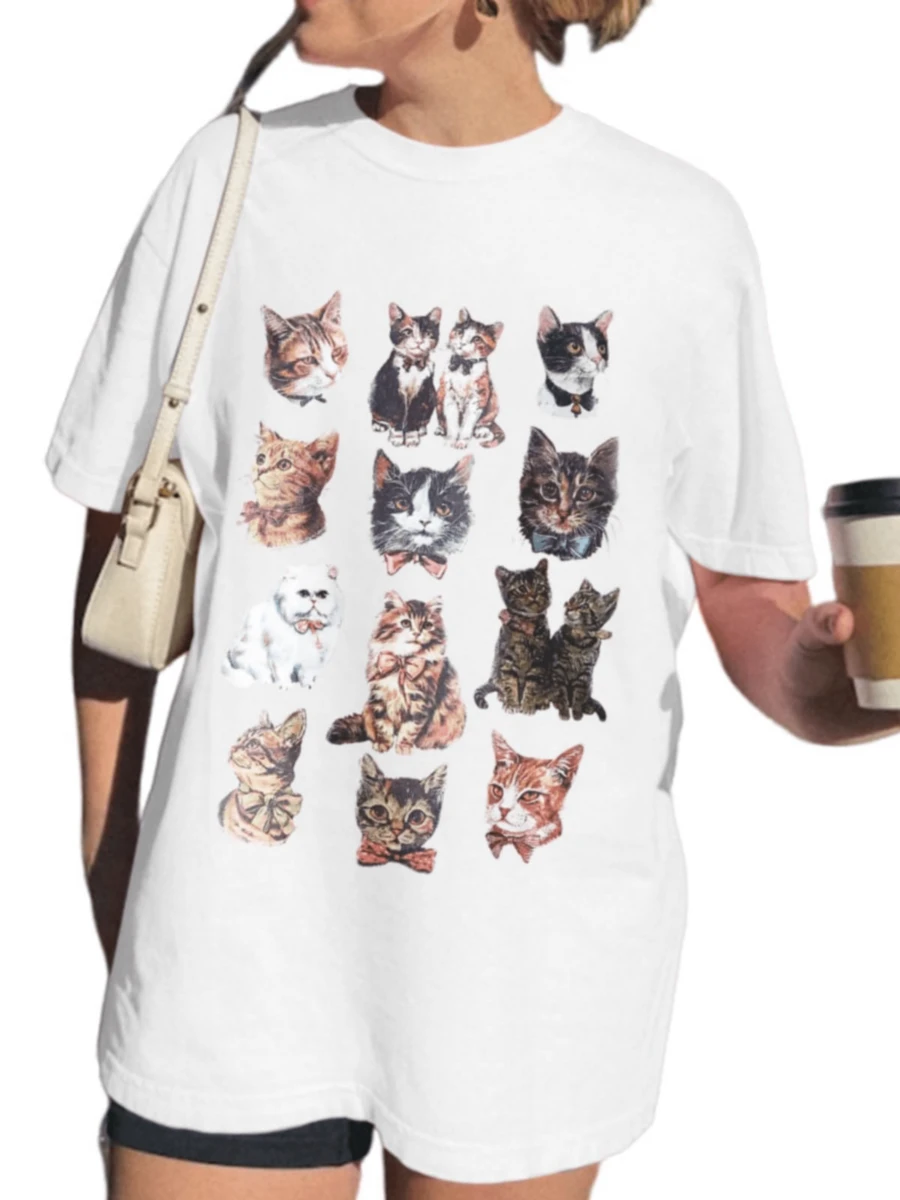1pcs Cat With Bowtie Graphic Print T Shirt 220g Vintage Inspired Women's Casual 100% Cotton Round Neck Tee Relaxed Fit - White - View 1